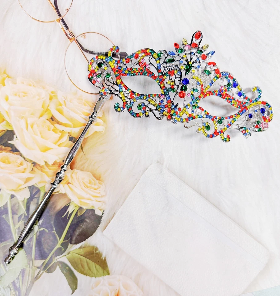 Rainbow Masquerade Mask, Crystal Handheld Mask, Silver Mask, Prom Mask, Pride - Image 3 of 4