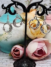Moon Star Earrings Moon Face Crescent Silver Hook Dangle Earrings FREE SHIPPING 