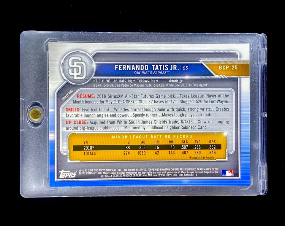 FERNANDO TATIS JR. Tarjeta de radiocontrol novato Mojo refractor Topps cromada 2019 Bowman Padres Foto 3 de 4