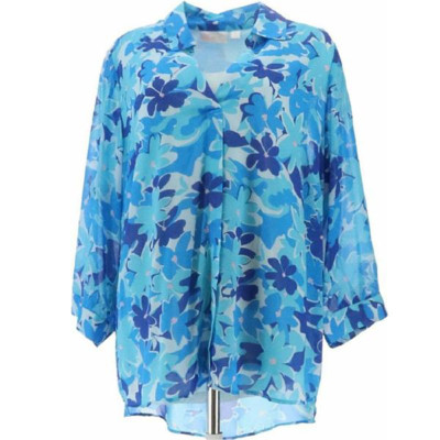 Belle by Kim Gravel Abstract Floral Printed V-Neck Blouse Blue
