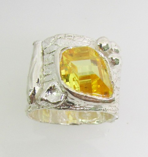 999 Fine Silver Handmade PMC Citrine Fantasy Cut Wide Band Ring Size 6 - 10.0g