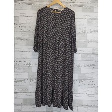 Loft Womens Large Black Floral Polka Dot Tiered Midi Dress Long Sleeve Viscose