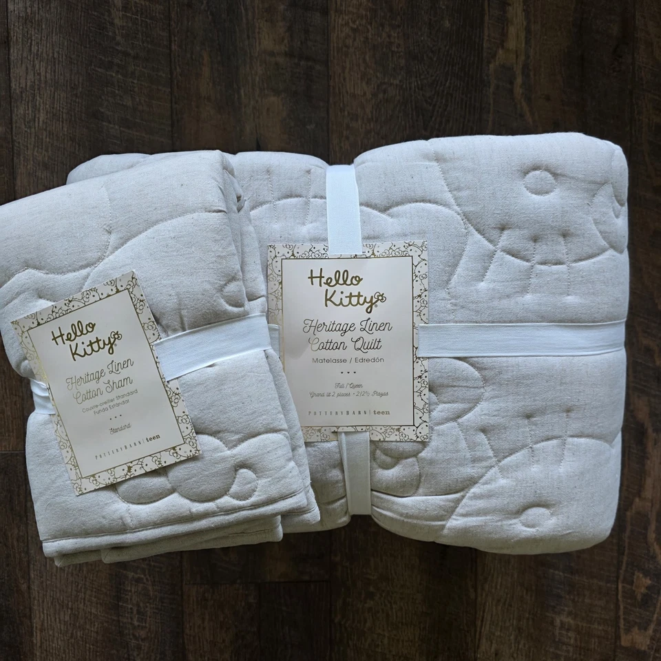 POTTERY BARN TEEN HELLO KITTY Heritage lino algodón f/q edredón y 1 std juego de farsa Foto 4 de 4