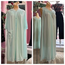 Vintage 60s Nightgown Robe 2pc Set Green Housedress Lingerie Peignoir S/M