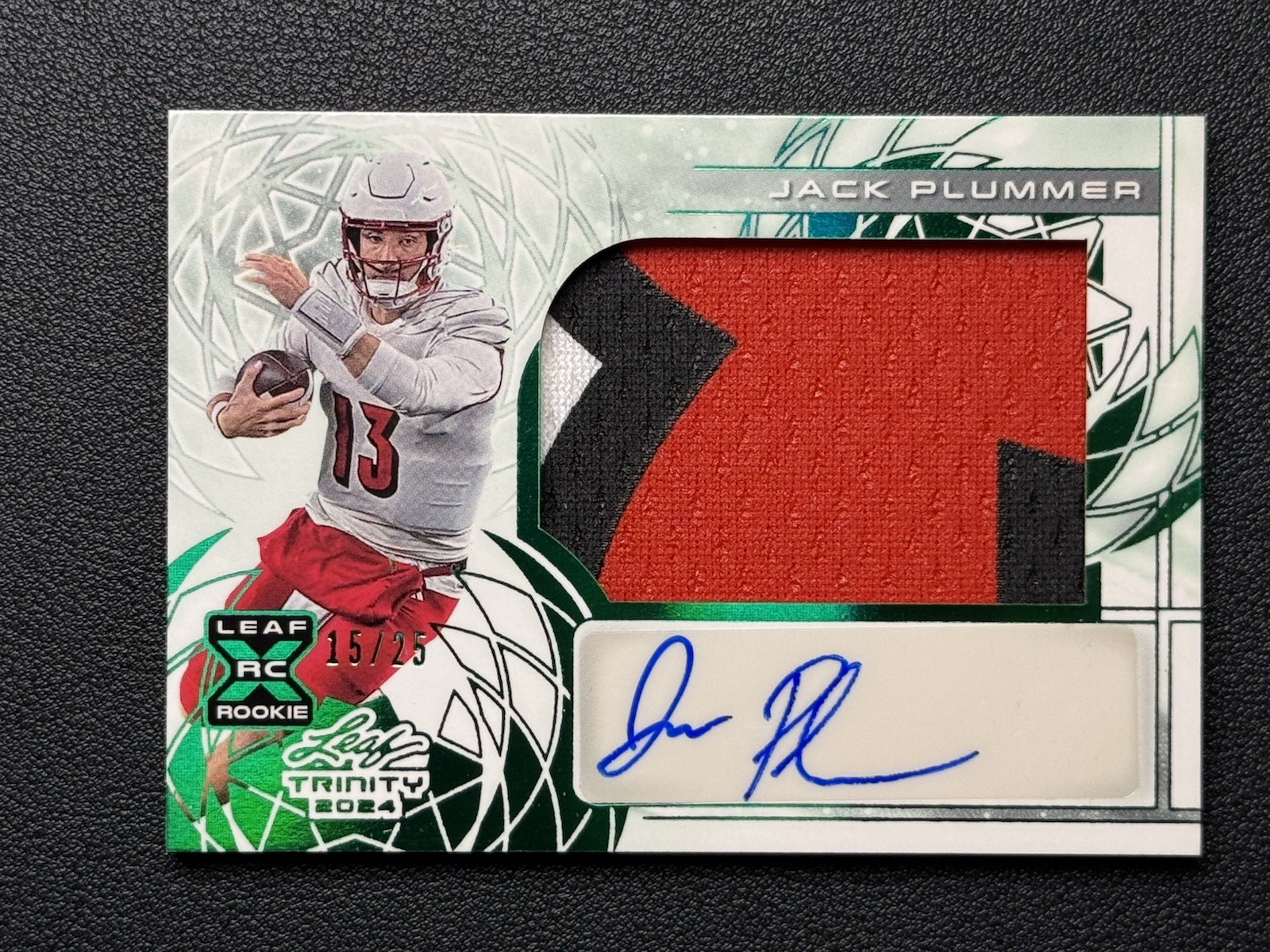 2024 Leaf Trinity - Patch Autographs Jack Plummer #PA-JP1 Green /25 (AU, MEM, RC)