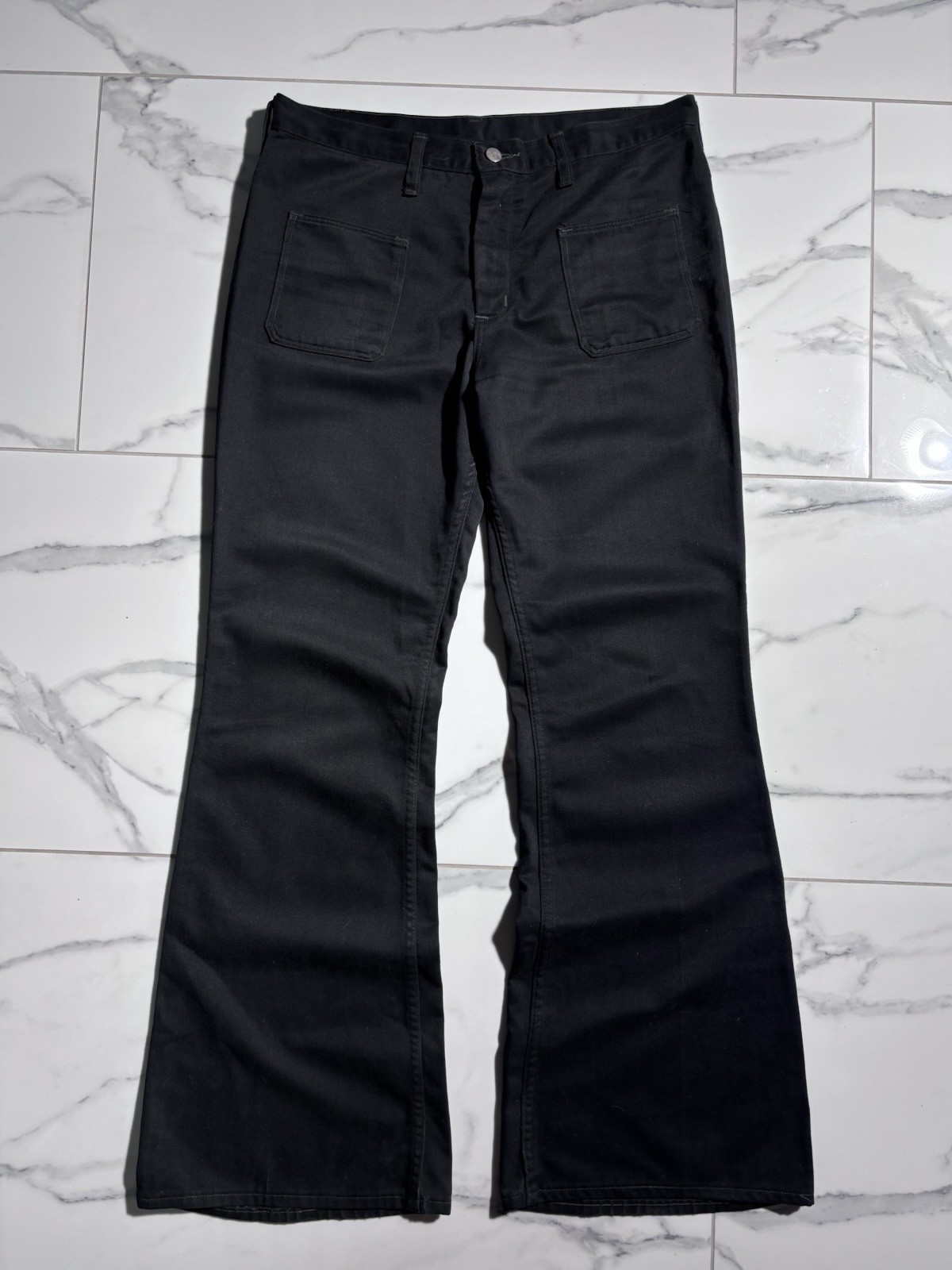 VTG 70s Wrangler Blue Bell Black Flare Jeans Patch Pocket Made in USA 34x32