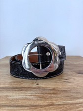 Black Leather Floral Engraved Flower Buckle Belt 36 Goth Biker Southwest