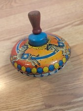 Vintage Ohio Art Metal/Tin Toy Spinning Top Featuring Zebras Wood Handle Works