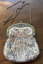 Vintage Look Ivory Beaded Evening Purse Art Deco Brass Tone Metal Frame Chain