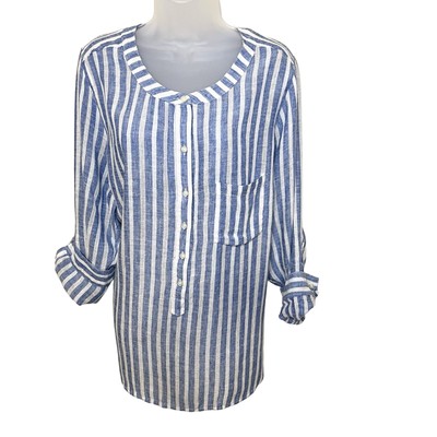 Lucky Brand 2X Linen Lyocell Henley Shirt Roll Cuff Blue White Stripe Coastal