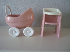 Silla alta y cochecito de bebé Little Tikes vintage para casa de muñecas rosa/blanco