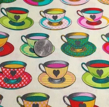Tula Pink Free Spirit Fabric Curioser & Curioser Tea Time Cups Cream 72" x 42"