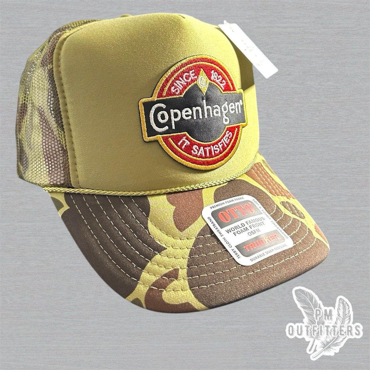 copenhagen tobacco hats and shirts Retro Copenhagen Logo Foam Front Camo Rope Trucker Hat