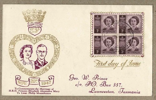 Australia 1947 Geo. Prince Tasmania Royal Wedding FDC Block 4 White Cover