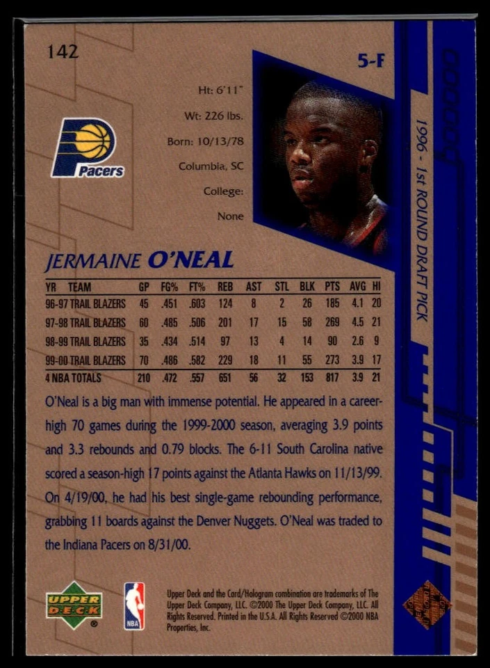2000-01 Upper Deck #142 Jermaine O'Neal - Image 2 of 2