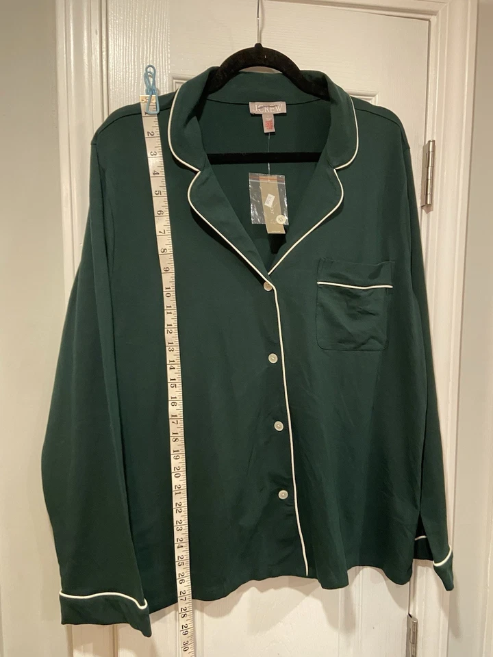 NUEVO CON ETIQUETAS J. Top de pijama de algodón con botones manga larga blanco verde bosque talla L Crew Foto 4 de 4