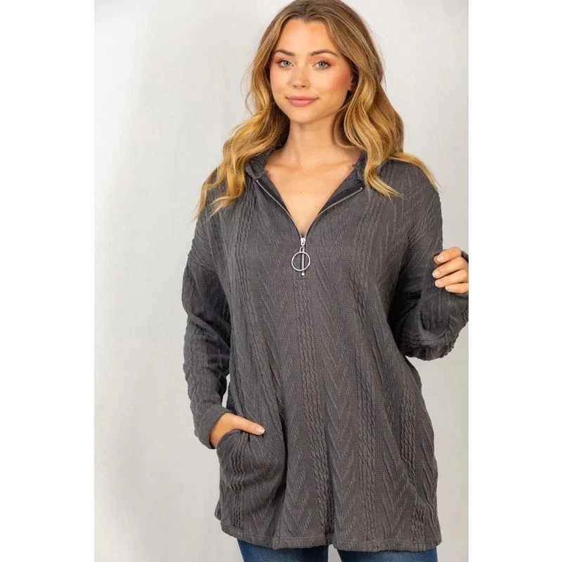 White Birch Quarter Zip Hoodie Women Medium Gray EUC Textured Cable Knit Tunic