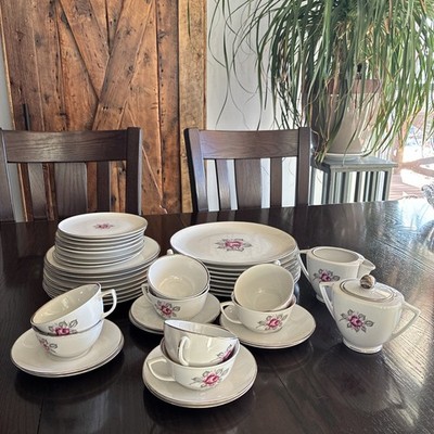 Royal Jackson Parisienne Normandy Rose China Silver Trim Dinner set, 8 Settings