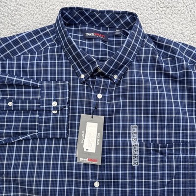 TravelSmart Dress Casual Shirt Mens XXL Big 2XB L/S Blue Plaid Roundtree & Yorke