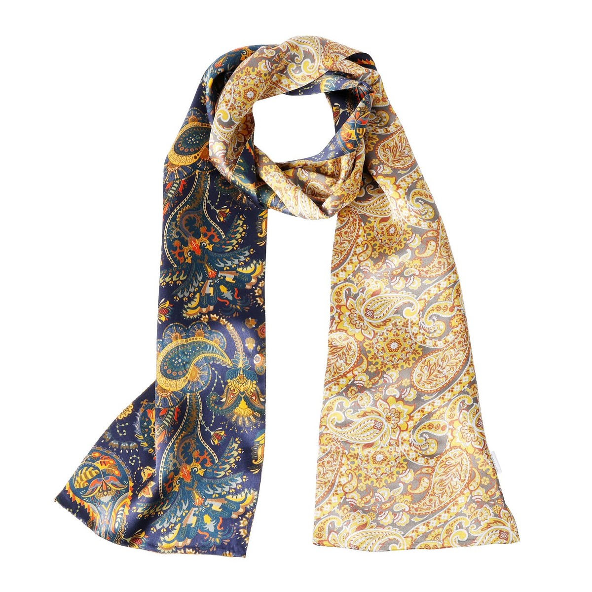 Yellow and Blue Pattern Mulberry Silk Neck Scarf Mulberry Silk Scarf: Blue Gold Abstract Print, Long Neck  main image 4