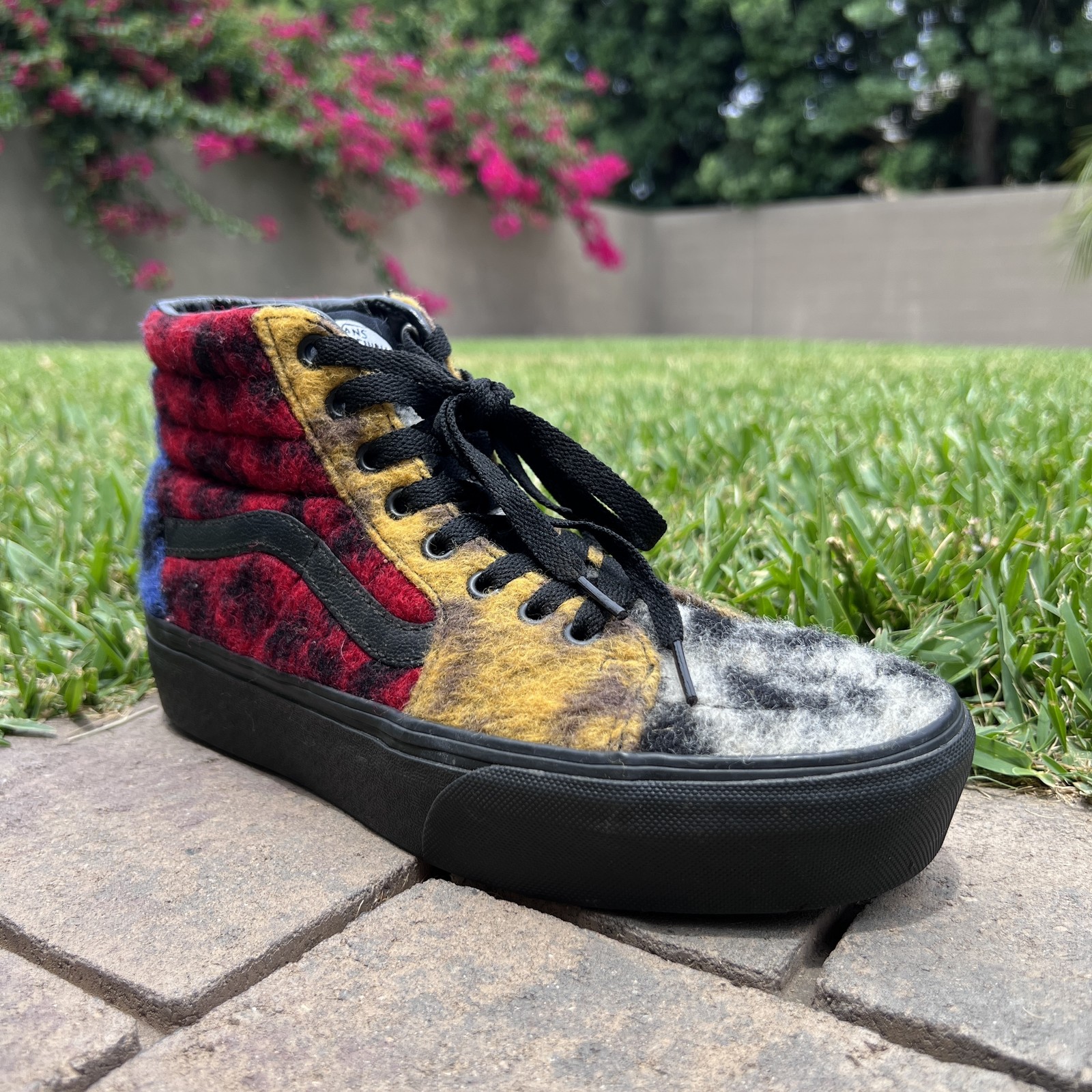 SAOLA Scarpe Vans Sk8 Hi uomo taglia 7 5 multicolore a quadri lana plateau suola nera skate