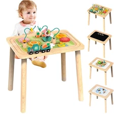 Baby Activity Table 3-in-1 Toddler Sensory Play Center Wooden Montessori Toys