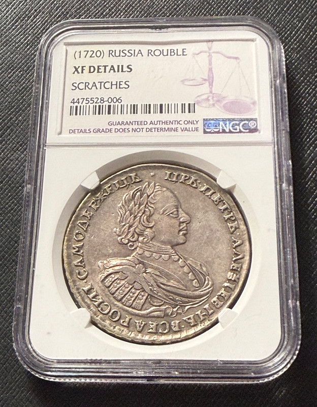 Russia 1720 Silver 1 Rouble NGC XF Details Peter I