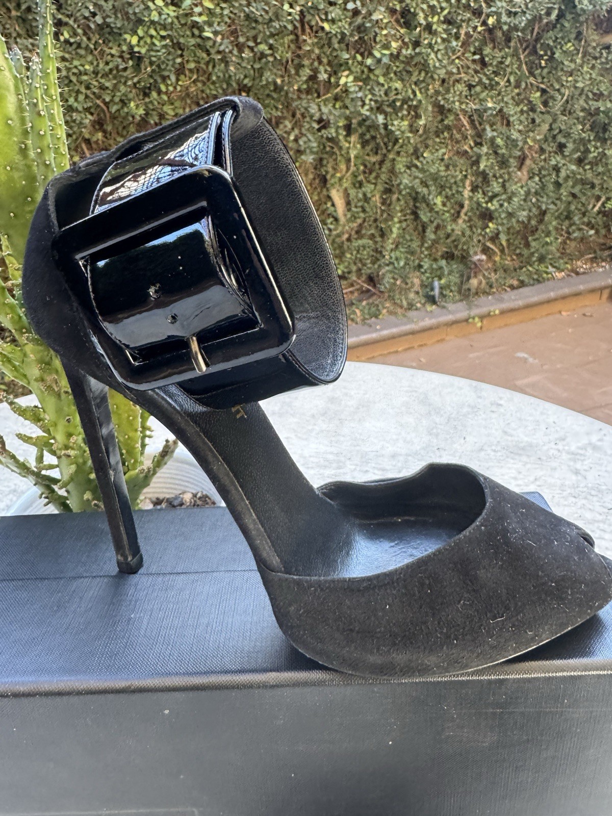 Saint Laurent Black Suede Patent Leather Peep Toe Stiletto Buckle Heels thumbnail 2