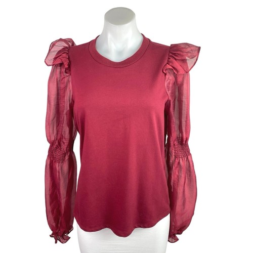 Anthropologie Women's Red Ruffled Long Puff-Sleeve Organza Knit Blouse Top Sz M
