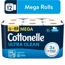 12 Mega Rolls Cottonelle Ultra Clean Toilet Paper, Strong Toilet Tissue