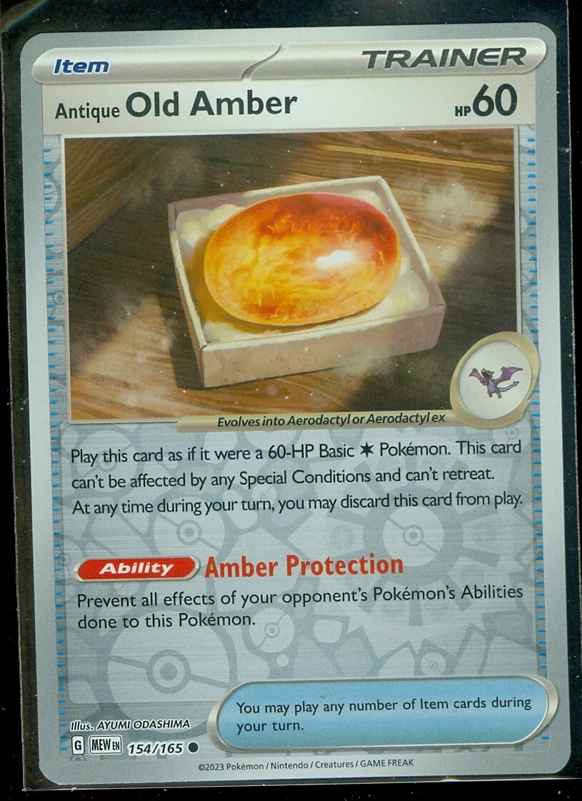 Pokemon ANTIQUE OLD AMBER 154/165 - Pokemon 151 - Rev Holo - MINT