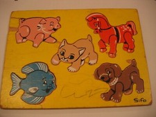 Vintage 1960s SIFO 126X ANIMAL WOOD PUZZLE 5 Pc Pig Horse Cat Fish Dog
