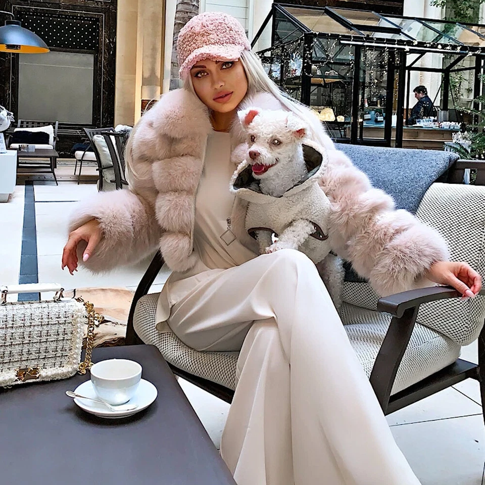 Invierno Mujeres Abrigos de piel de zorro real con solapa Cálidos Chaquetas cortas Abrigos Top corto Foto 2 de 4