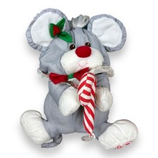 Vintage 1987 Puffalumps Gray Christmas Mouse Plush Candy Cane by Fisher Price