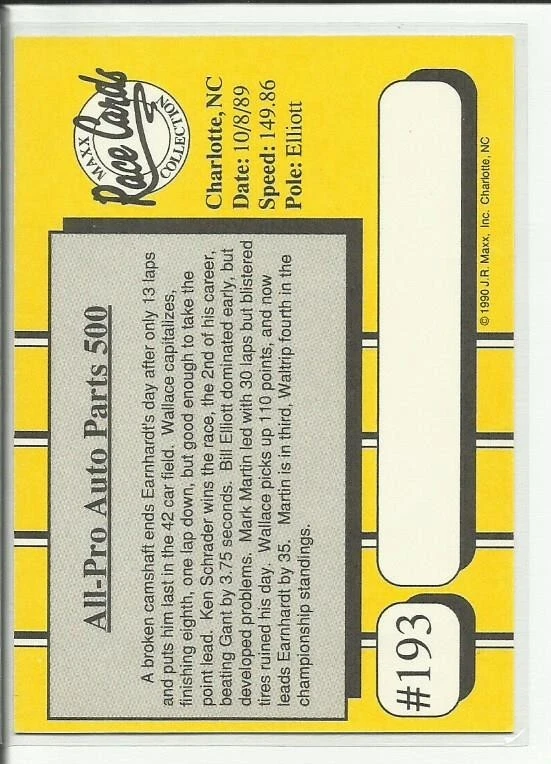 1990 Maxx Collection #193 Ken Schrader 1989 Race #25 All-Pro Auto Parts 500 - Image 2 of 2
