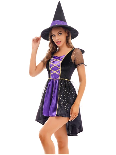 Women's Halloween Wicked Witch Theme Cosplay Costume Outfit Purple Classic Dress - Imagen 16 de 45