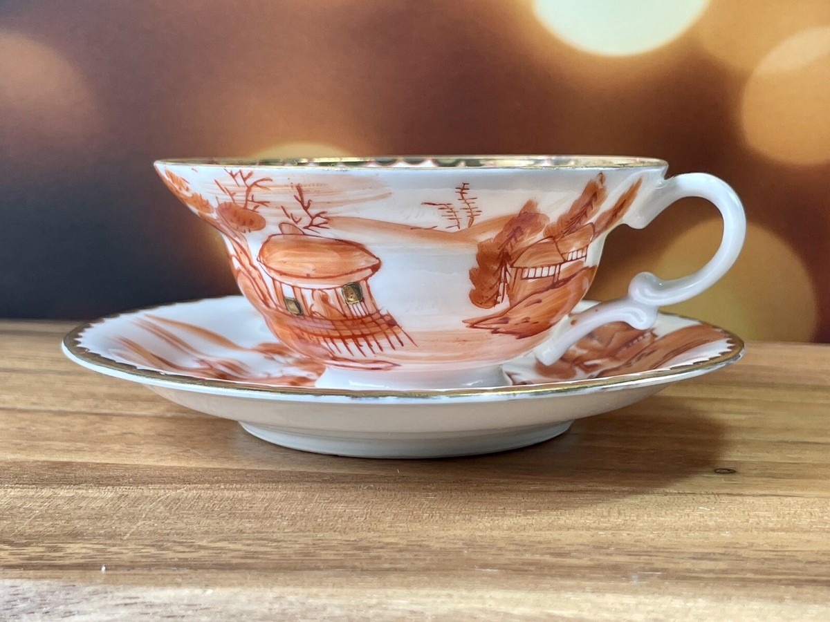 Nikoniko China Occupied Japan Orange Hand Painted Cup & Saucer E-W