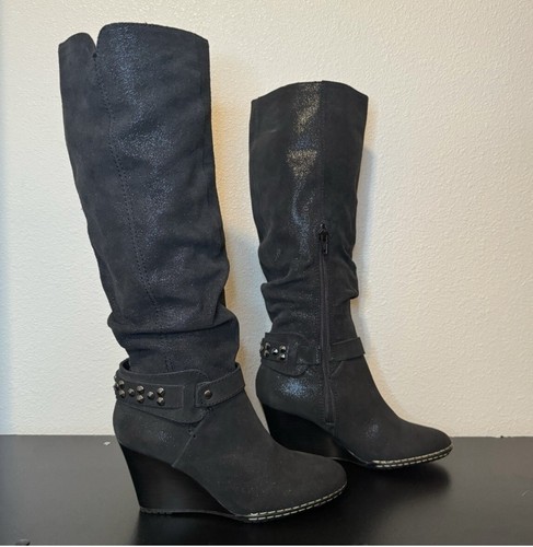 SOFFT Ariana Womens Suede Boots 6 Black Slouch Nailhead Buckle Western Wedge - Picture 4 of 4