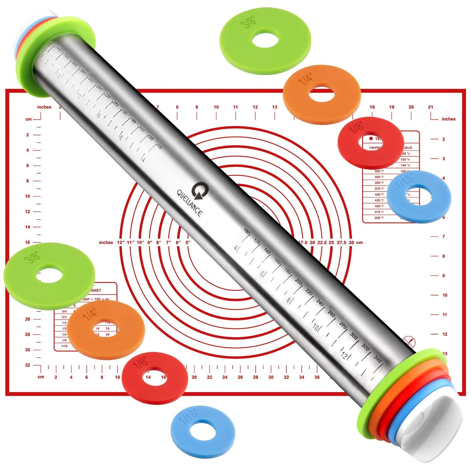 Stainless Steel Rolling Pin and Silicone Mat for Dough Baking Pizza Pies