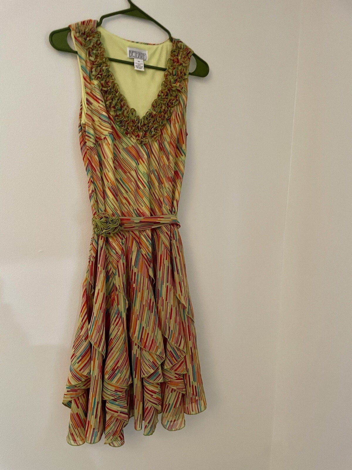 Vintage Y2K Bethany Multicolor Stripe Rosette Asymetrical Handkerchief Hem Dress