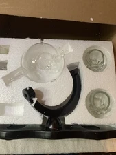 Skull Whiskey 750 ml Decanter Set w 2 Skulls 3 oz Glasses & Mahogany Wooden Base