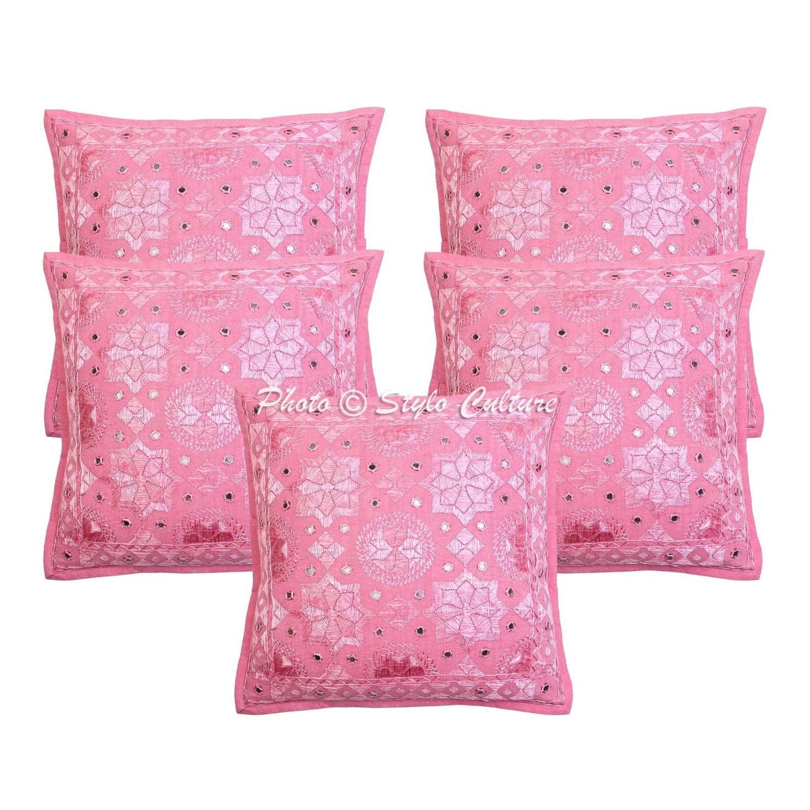 Bohemian Cotton Throw Pillow Covers Embroidered Pink Mirror Star Moon Home Decor