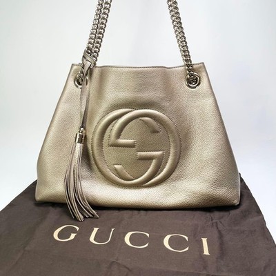 GUCCI Soho Interlocking G Chain Shoulder Bag Leather Black Elegant Design