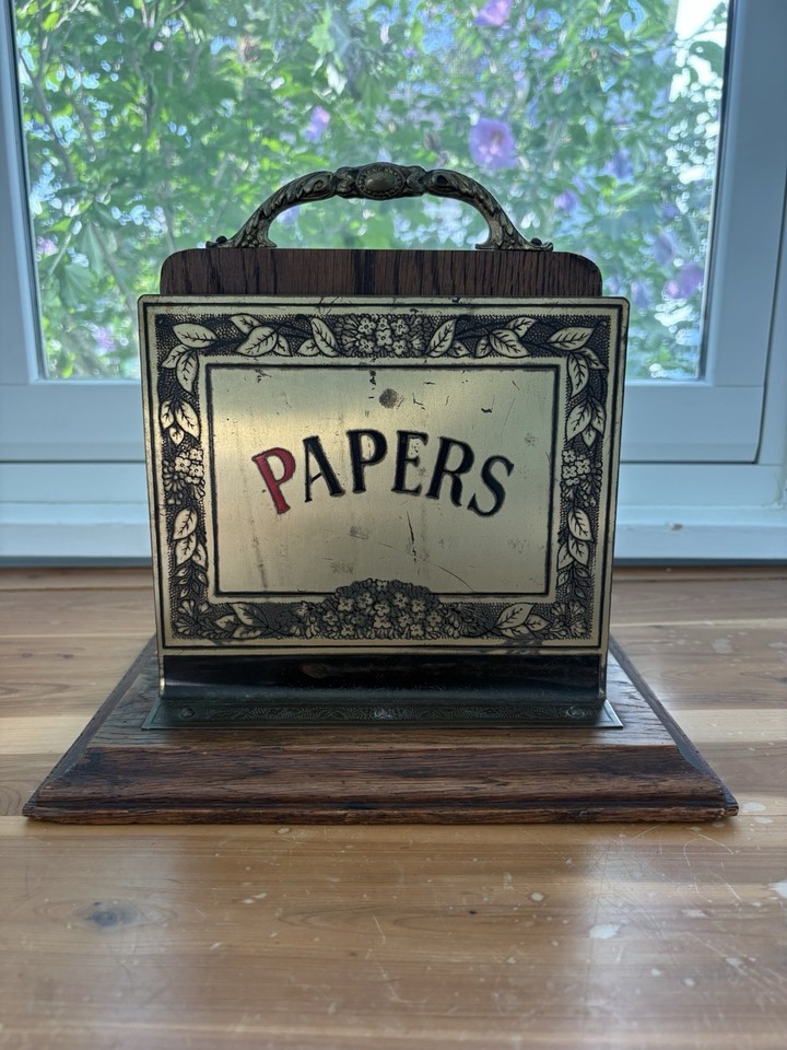 A striking Victorian/Edwardian brass and oak mail rack — a genuine antique desk organizer that looks like it came straight out of a Sherlock Holmes study.