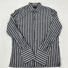 Banana Republic Mens XL 17-17.5 Slim Fit Dress Shirt Navy Gray Striped Cotton