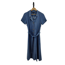 Quince Women Chambray Tencel Button Front Dress Medium Indigo Basic Sleeved XS