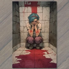 Art Print Blue Hair Girl Blood Floor Tiled Bathroom Emotional Breakdown Horror