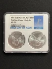 2021 American Silver Eagle 2 Coin Set - TYPE 1 and TYPE 2  NGC MS70 1st Day