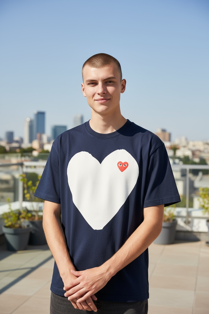 COMME DES GARCONS CDG PLAY WHITE LOVE PRINTING HEART TEE NAVY T184