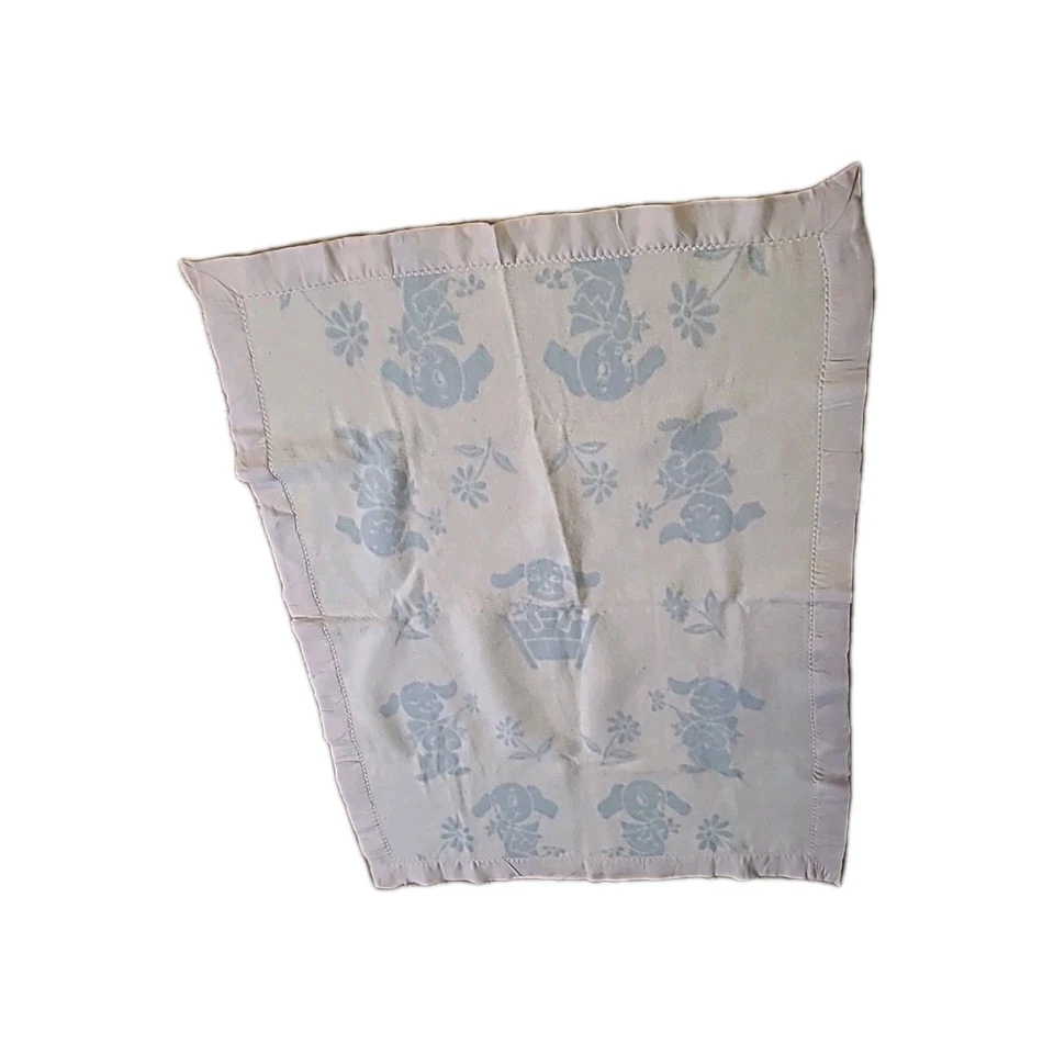 Vintage Blanket Thermal Flannel Blue W/ Puppies Dogs No Tag Nylon Edge Trim - Image 2 of 4